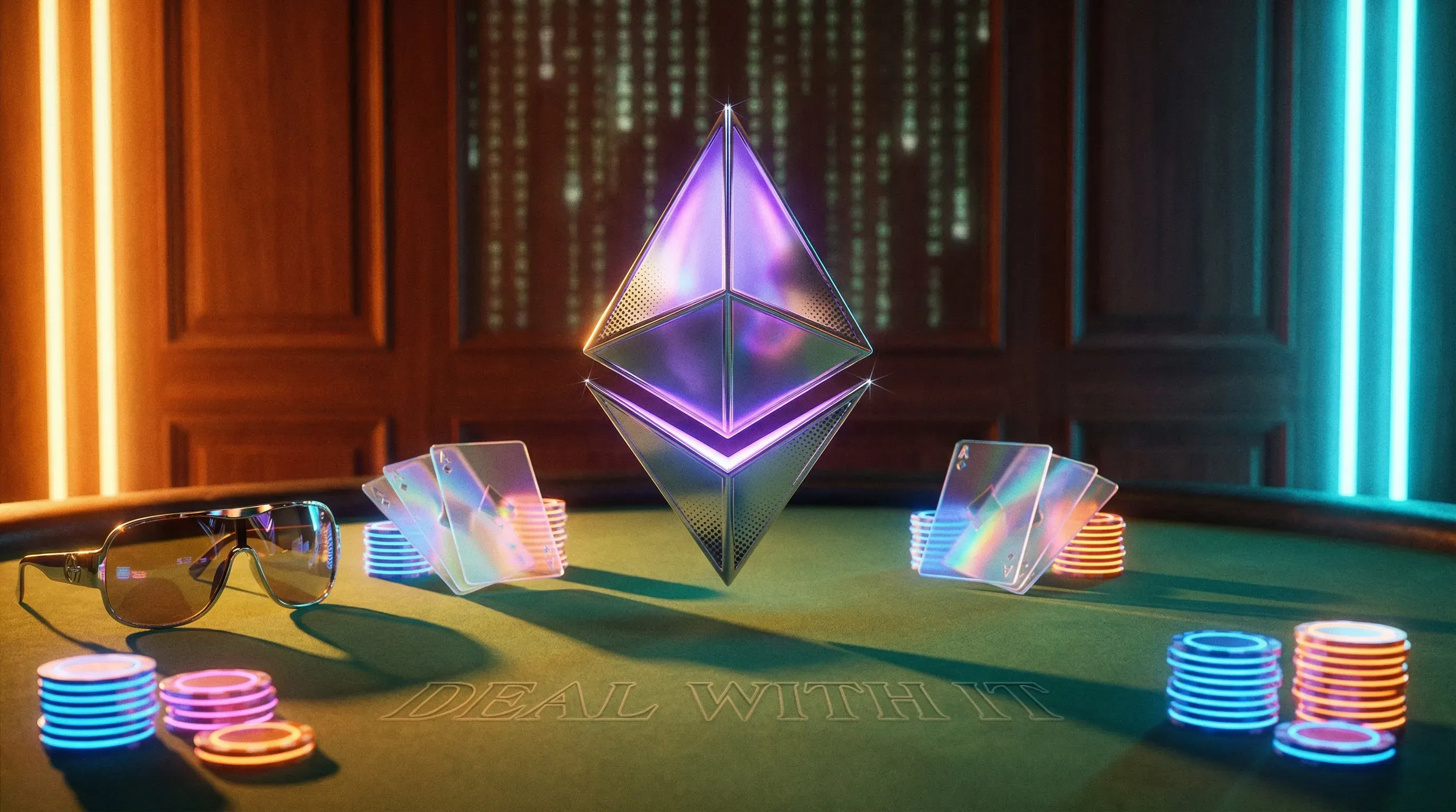 Chrome Ethereum logo on a casino table with neon lights and sunglasses.